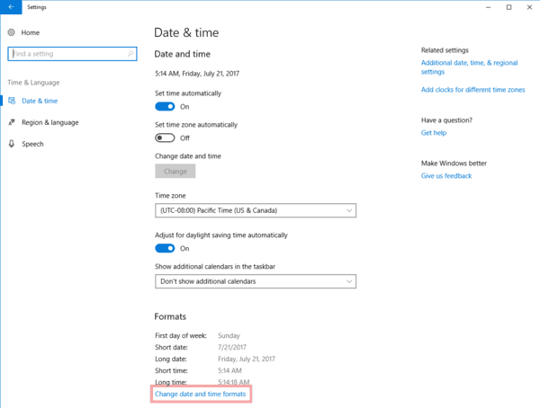 Windows 10 설정 변경 데이터 및 시간 형식 링크