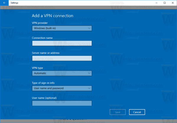 새 VPN 연결 마법사 Windows 10