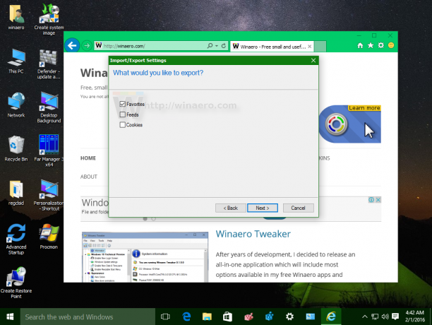 Windows 10 Internet Explorer Ekspor ke file Favorit