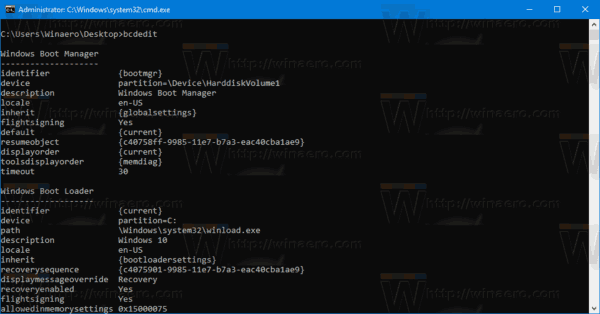 Bcdedit-uitvoer Windows 10