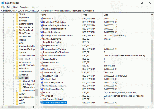 Windows 10WinlogonキーScreenSaverGracePeriodDword