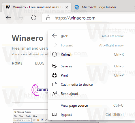 Windows 10 EdgeChromiumページのコンテキストメニュー