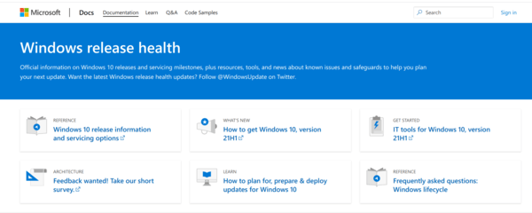 Panel stavu Windows Release Health Dashboard