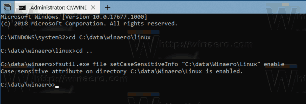 Активиране на режима, чувствителен към малки и големи букви за папки в Windows 10