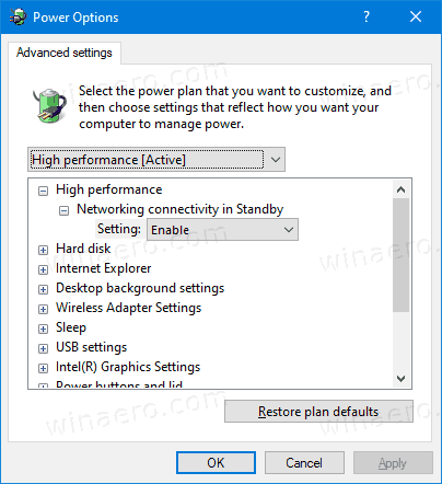 „Windows 10“ tinklo ryšys budėjimo režimu, maitinimo parinktys AC