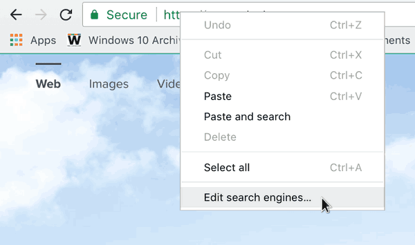 Kontextová nabídka Omni Box stránky na nové kartě Chrome 64