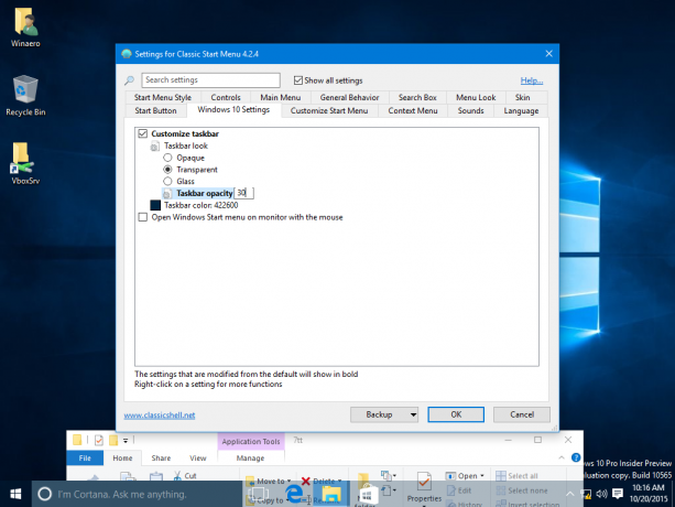 „Windows 10“ užduočių juostos skaidrumo lygis
