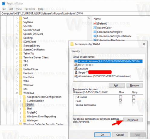 Windows 10 რეესტრის გასაღების მემკვიდრეობით მიღებული ნებართვები 1