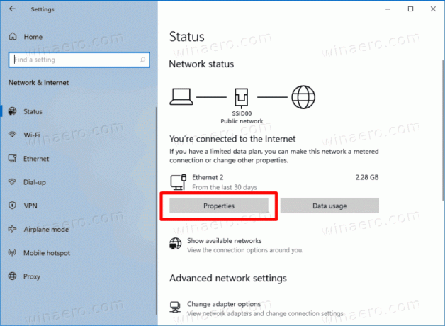 Кнопка свойств состояния сети и Интернета в Windows 10
