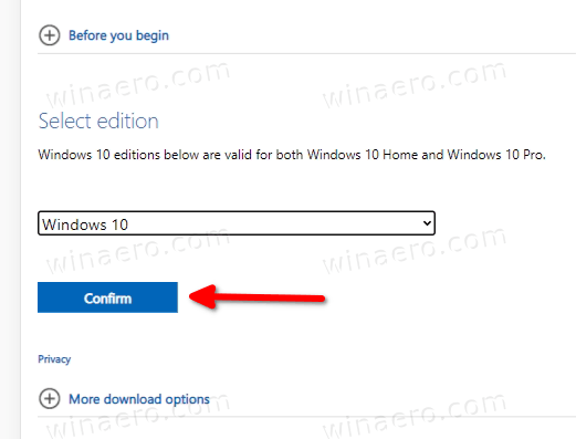 Confirme a versão do Windows na página de download