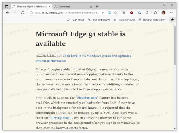 Samodejni potopni bralnik je omogočen v programu Microsoft Edge