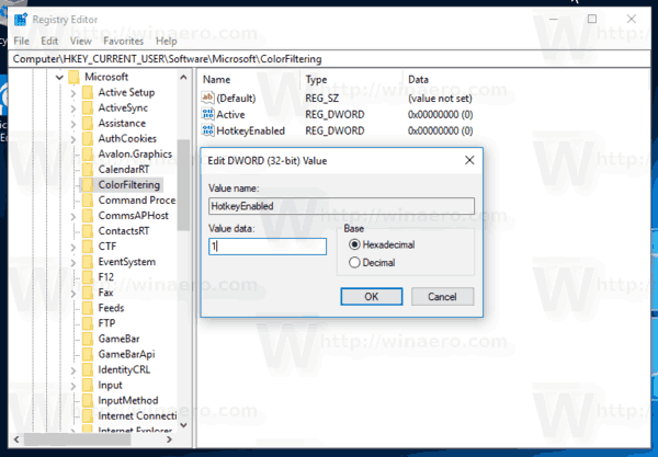 Aktivovat klávesovou zkratku pro barevné filtry Windows 10 Reg