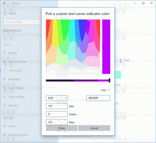 Windows 10:n tekstin ilmaisimen väriasetus mukautetun värin 3