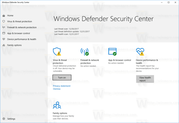 Varnostni center Windows Defender Rs4