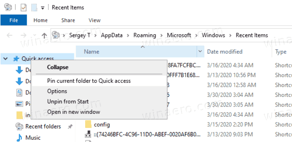 Windows10は最近のアイテムをクイックアクセスに固定します