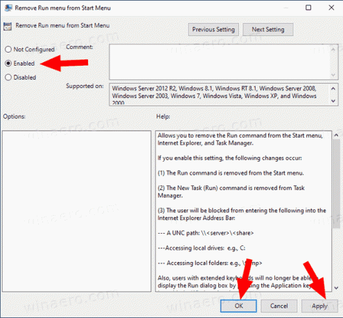 Windows 10 Désactiver la boîte de dialogue Exécuter Cliquez sur OK Appliquer
