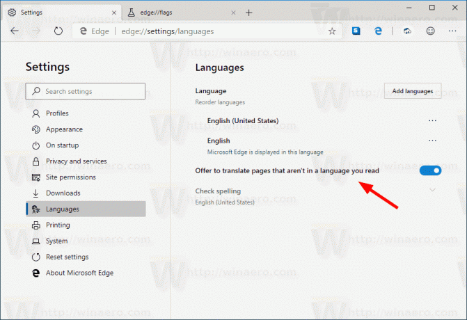 „Microsoft Edge“ įgalinti vertėją nustatymuose