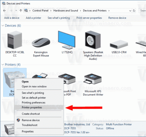 Kontextová nabídka Vlastnosti tiskárny systému Windows 10