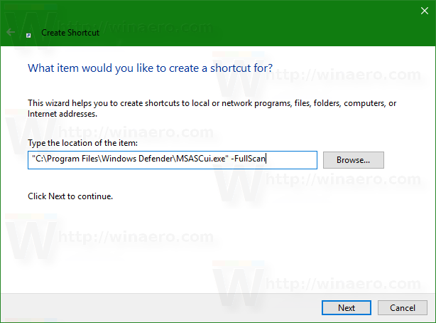 Windows 10 Defender של קיצור דרך לסריקה מלאה