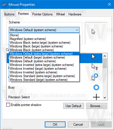 Windows10のマウスプロパティポインタースキーム 