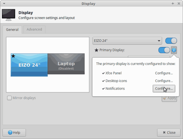 Xfce4プライマリディスプレイの設定