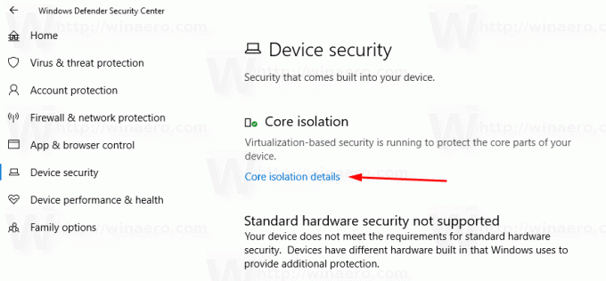 Link til Windows Defender Core Isolation Details 