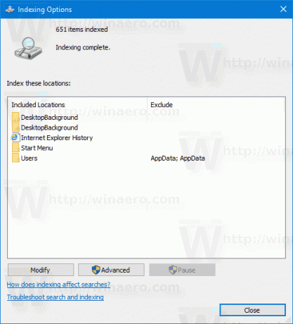 Indekseringsmuligheder Windows 10