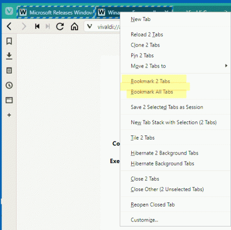 Vivaldi version 2.4 Bokmärk grupp av flikar