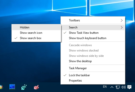 Menu contextuel de la barre des tâches de recherche de Windows 10