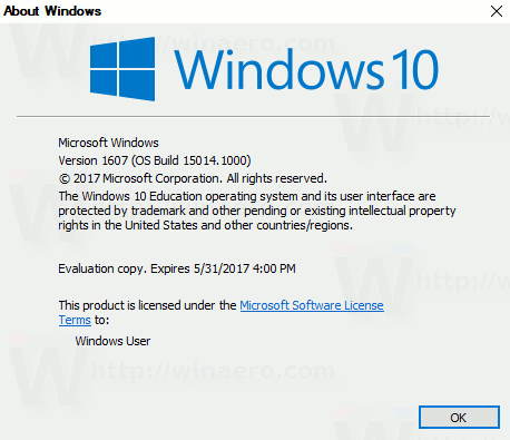 Windows 10 Yapı 15014 Winver