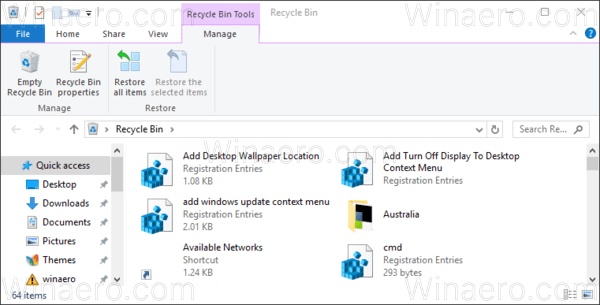 A Windows 10 Lomtár képernyőképe 