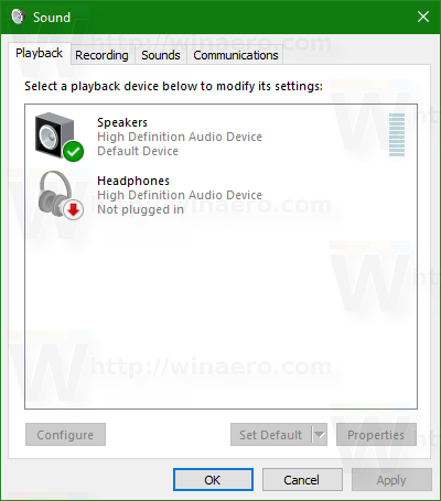 Диалогов прозорец за звук на Windows 10