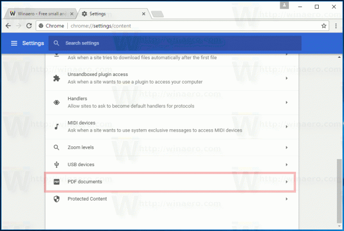 Chrome 58 პარამეტრები კონტენტი PDF პარამეტრები