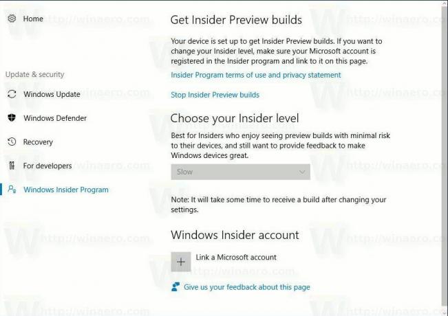 Noua pagină de program Windows Insider