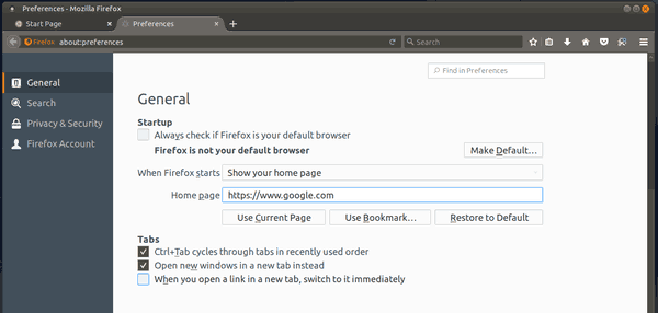 Ubuntu MATE Zmień stronę główną przeglądarki Firefox