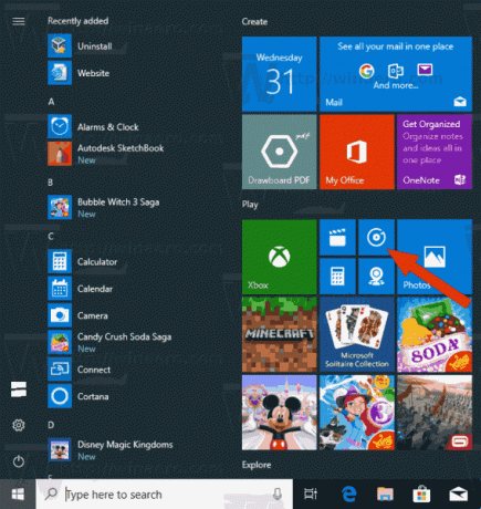 Groove Musicu menüü Start ikoon opsüsteemis Windows 10