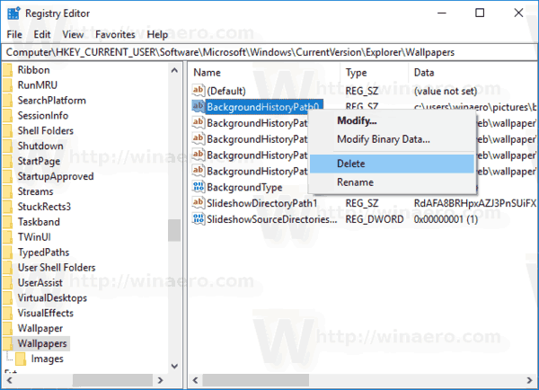 Fjern nyligt brugt tapethistorik i Windows 10