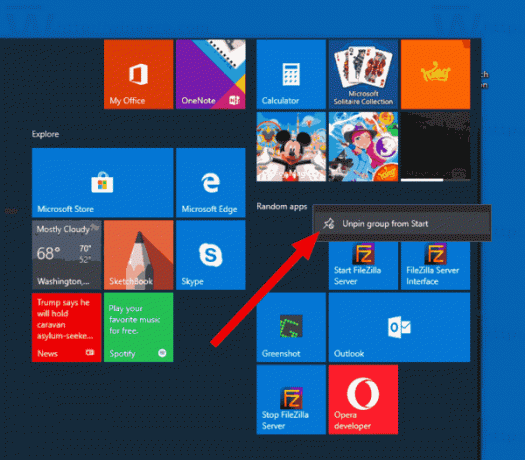Windows 10 Откачете група от плочки