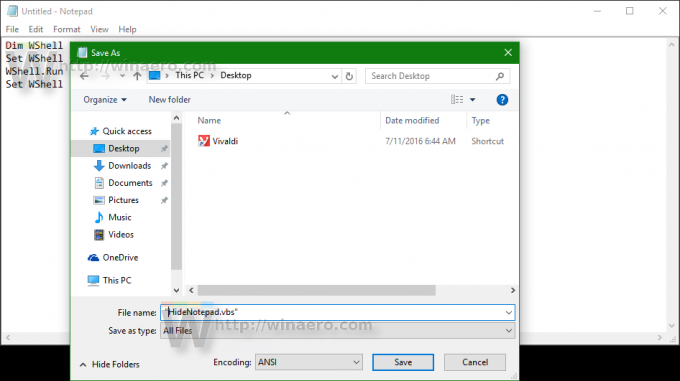 Windows 10 salva il file VBS