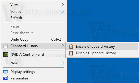 Menú contextual del historial del portapapeles Windows 10
