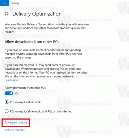 Veza za napredne opcije za optimizaciju isporuke Windows Update