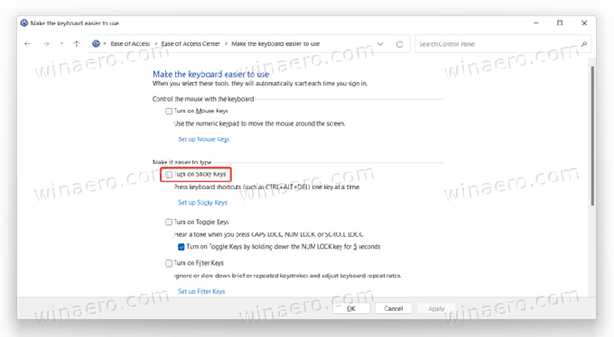 Lubage või keelake kleepuvad võtmed Windows 11 juhtpaneelil