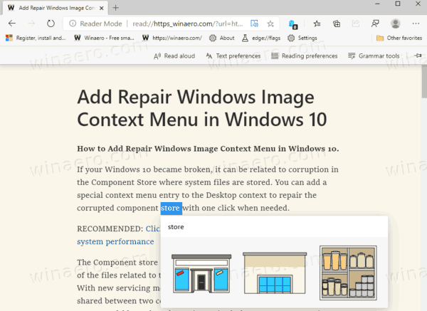 Dictionnaire d'images Microsoft Edge dans le lecteur immersif en action