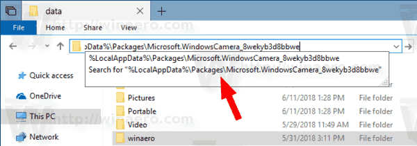 Dossier de l'application de l'appareil photo Windows 10