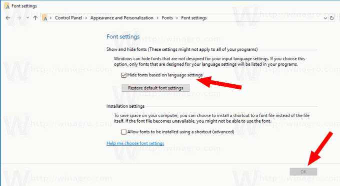 Windows10言語設定に基づいてフォントを非表示 