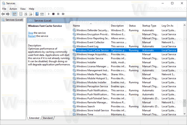 خدمة ذاكرة التخزين المؤقت لخطوط Windows في القائمة