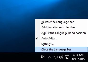 Windows 10 סגור את סרגל השפה