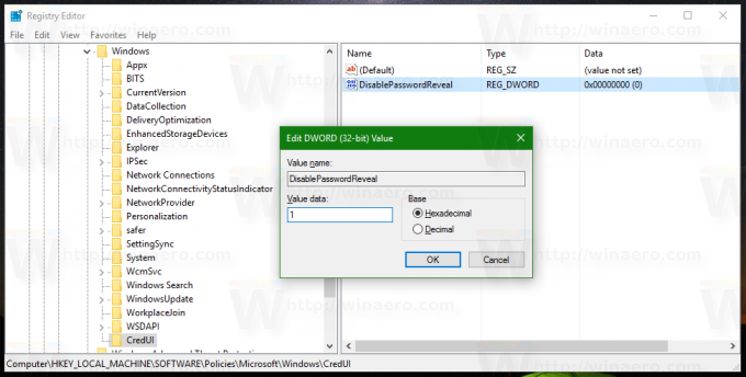 Deaktiver knappen for avsløring av passord i Windows 10