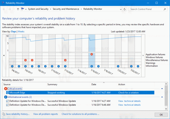 Istoricul de fiabilitate Windows 10