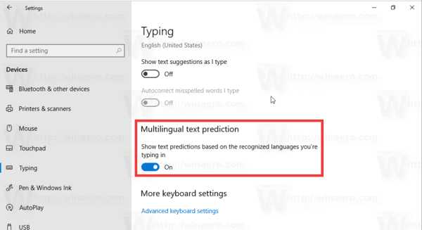 Windows 10 Πρόβλεψη πολύγλωσσου κειμένου